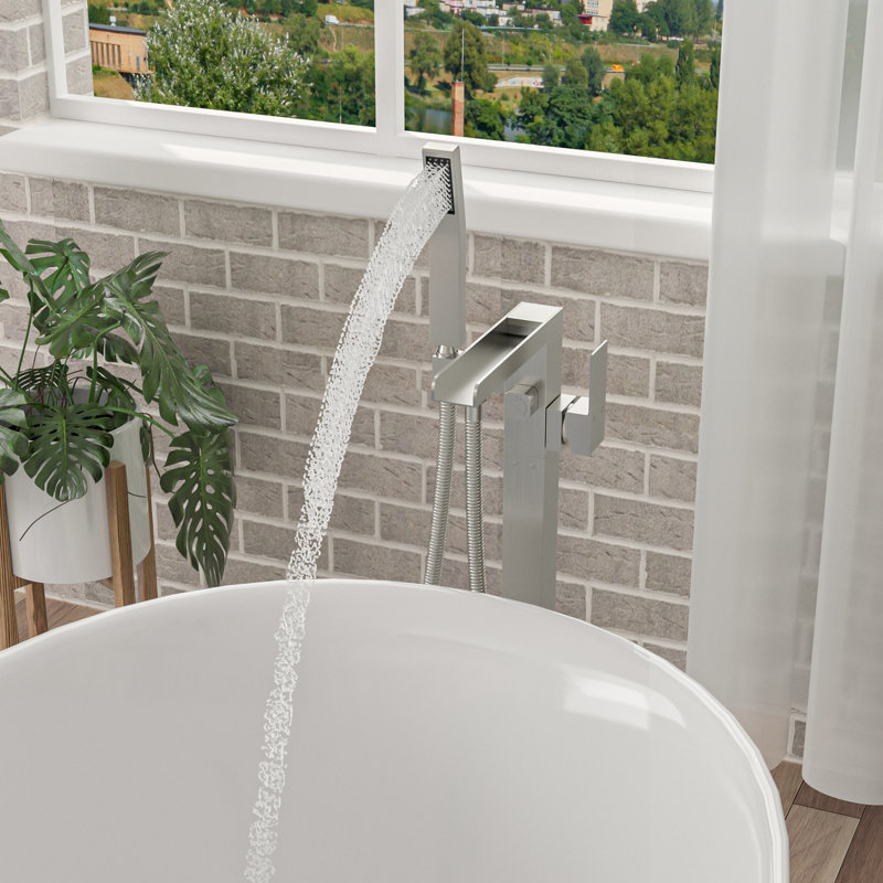 Freestanding Waterfall Bathroom Faucet, 360 Swivel Spout And Hand Shower, Dual Temperature, Brushed Nickel Brass Faucet With Tub Detachable Handheld, Rotatable, Temperature Control,