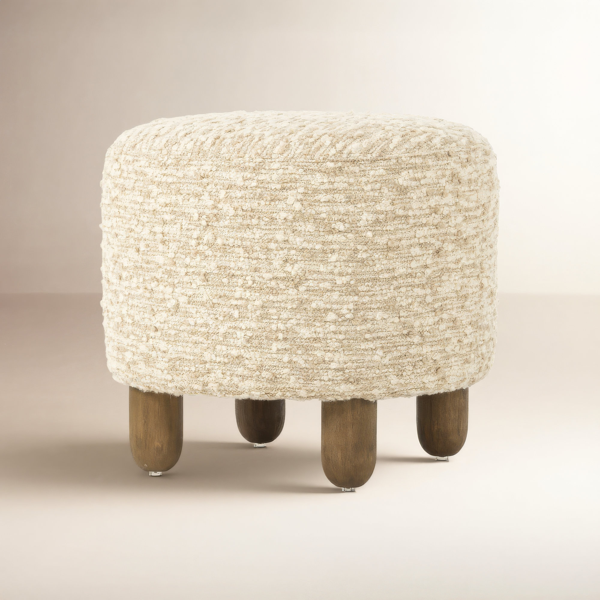 Risco 22.5" Wide Round Footstool Ottoman, Oat Textured Bouclé, Natural Oak