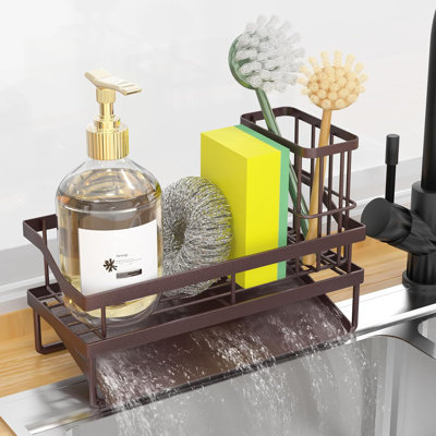 Kitchen Sink Caddy With Removable Brush Holder - Stainless Steel Sponge Organizer For Sink