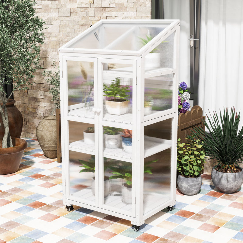Portable Wooden Greenhouse Cold Frame with Adjustable Shelves, Wheels and Openable Roof, White
