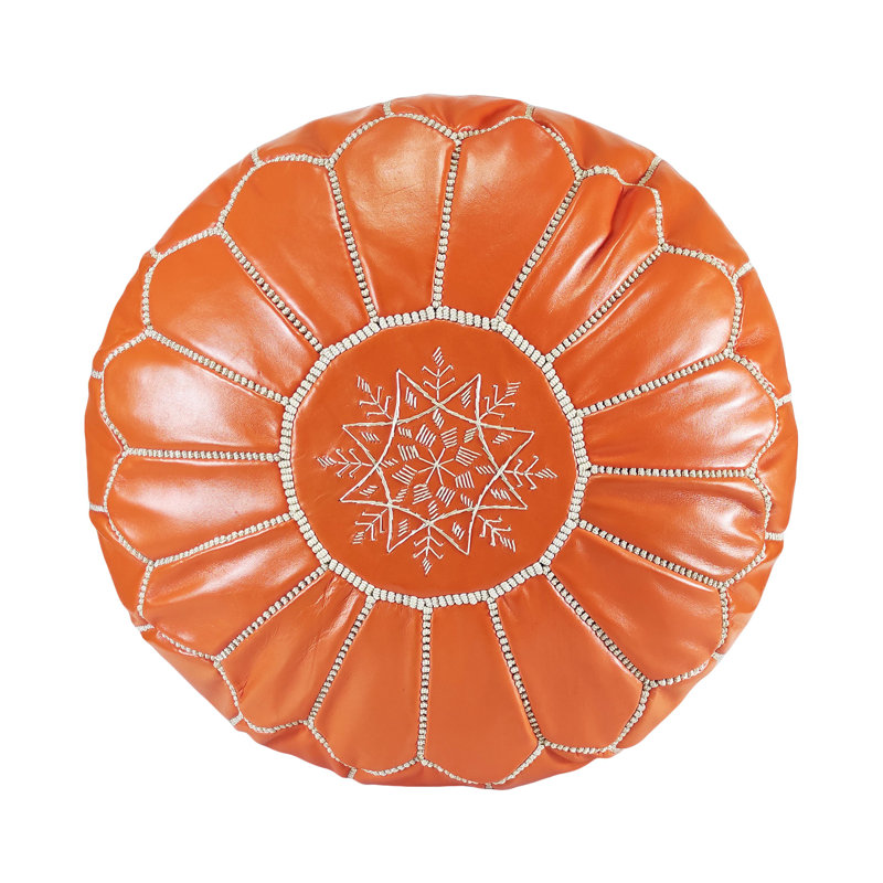 Leather Pouf, Orange Genuine Leather