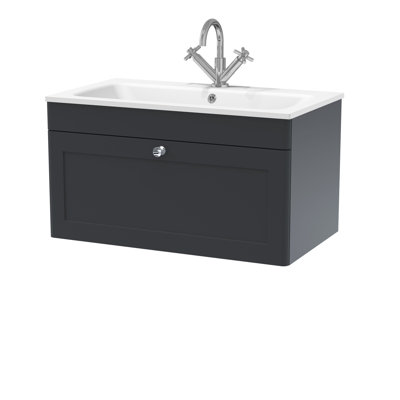 nuie Classique 800mm Soft Black 1 Drawer Wall Hung Vanity Unit With 1 Tap Hole Stone Basin