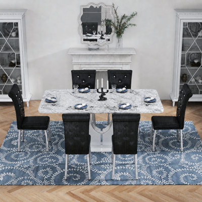 Ensemble de table de salle à manger moderne en faux marbre de 63 po avec chaises en similicuir à ressorts
