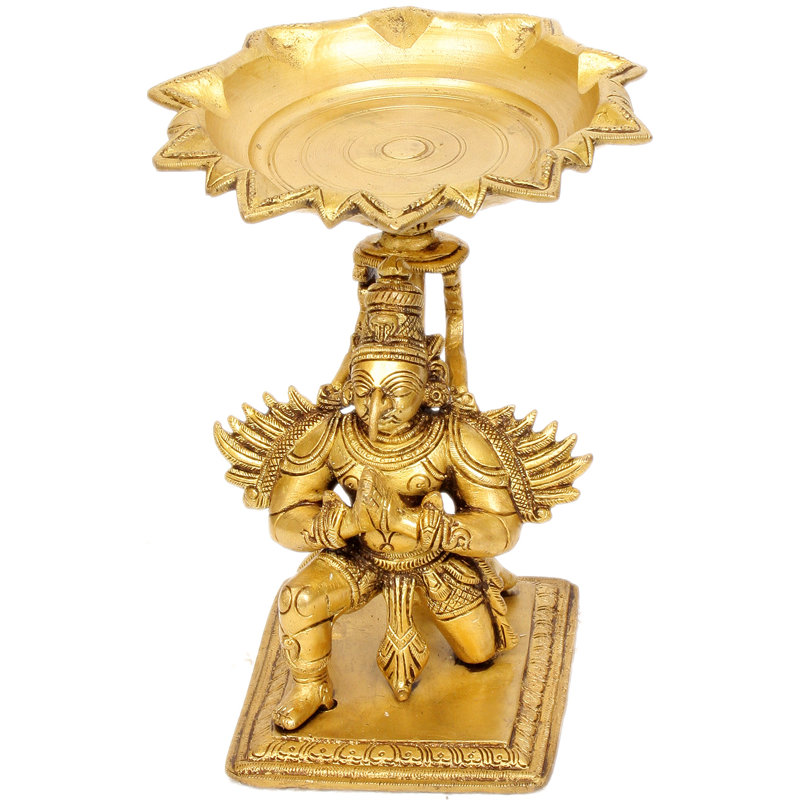 6" Handmade Brass Garuda Lamp with Pointed Beak - Indian Mythical Bird Oil Diya Puja Decor