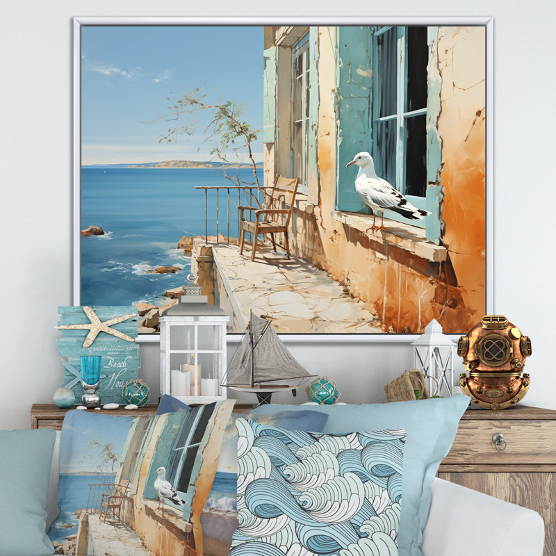 «Seagulls Perch Horizon III - Coastal Windows», art mural, Cadre flottant blanc, H 34 po x l 44 po x P 1,5 po