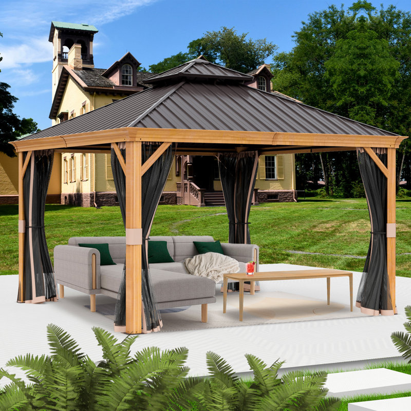 Kozyard Apollo Hardtop Gazebo, Wooden Coated Aluminum Frame with Galvanized Steel Roof, 120" H x 168" W x 144" D