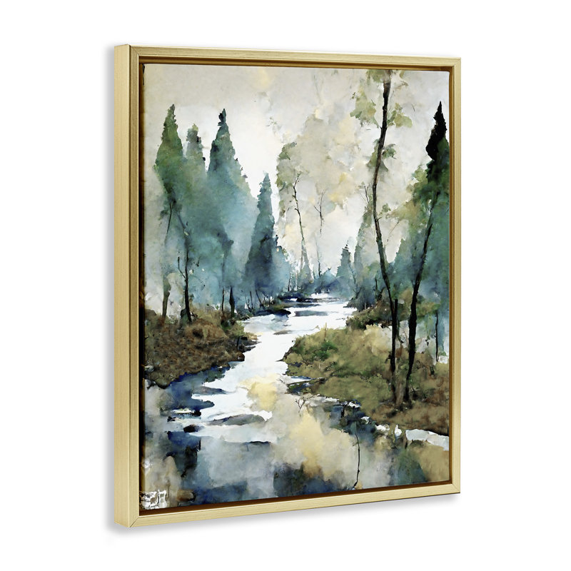 «Watercolor Creek Landscape», reproduction sur toile, Cadre flottant métallique doré, H 31 po x l 25 po