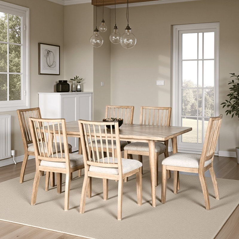 Ensemble de table de salle à manger 7 pièces Lucas, chaise en tissu à 6 broches, brun naturel