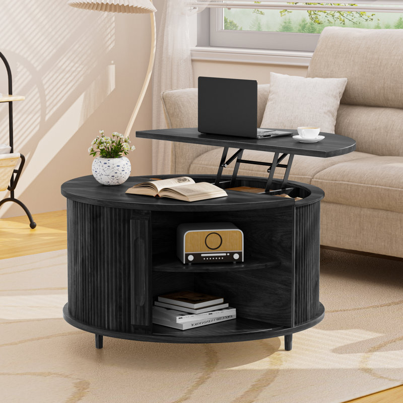 Round Coffee Table Lift Top with Storage and Sliding Door, 31.5" Mid Century Fluted Small Center Table for Living Room, Black
