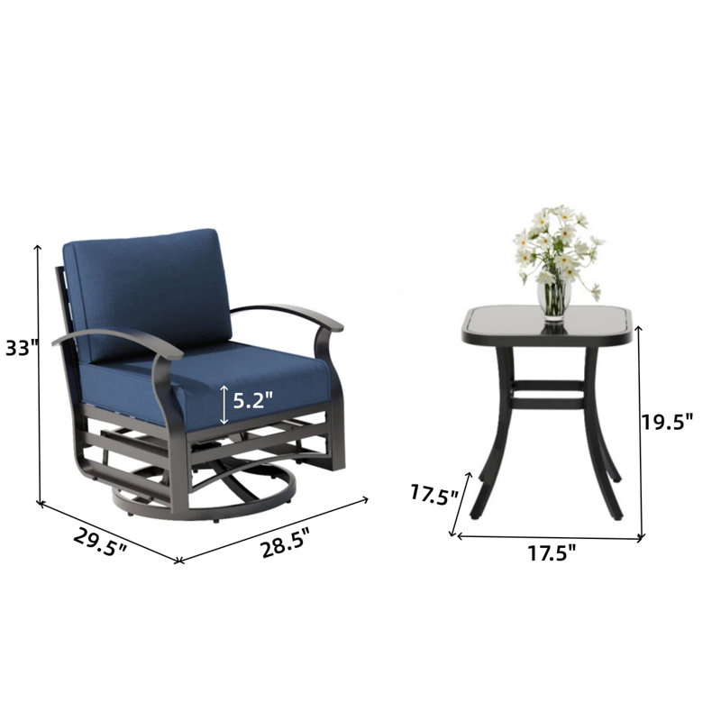 28.5" Wide Outdoor Metal Patio Glider Swivel Chair Set With Cushions & Ottomans, Navy