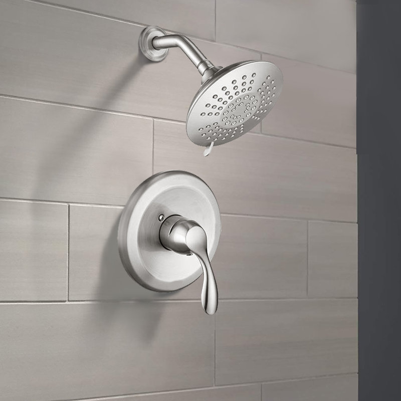 Modern Wall Mount Shower Faucet Set with Round Shower Head and Single Handle Water Control, Brushed Nickel