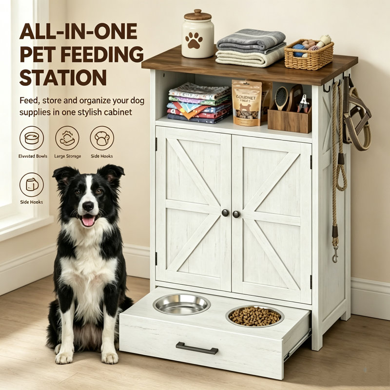 Raised Dog Feeding Station with Storage Cabinet Pull Out Dog Bowl Drawer and Side Hooks Multi Functional Pet Food Storage Cabinet