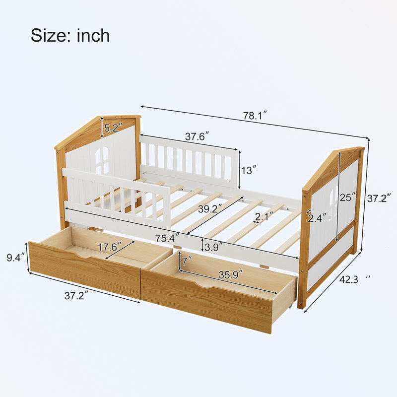 Lit simple en forme de maison avec tiroirs et barrière de sécurité Lit pour tout-petits pour filles, aucun sommier nécessaire