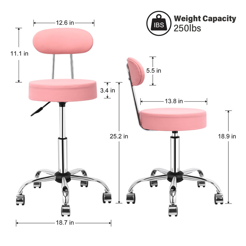 Backed Adjustable Height Ergonomic Lab Stool with Removable Casters/Wheels, Pink