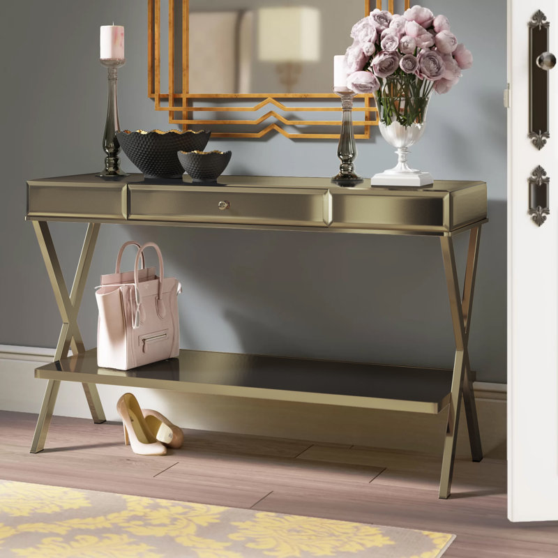 Chanae 47.5'' Glass Top Console Table, Champagne Gold