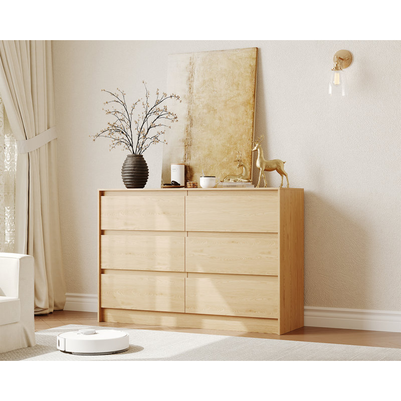 Farmhouse 6-Drawer Dresser, 47" Handle-less Chest with Natural Oak Finish & Push Open Mechanism, Retro Brown