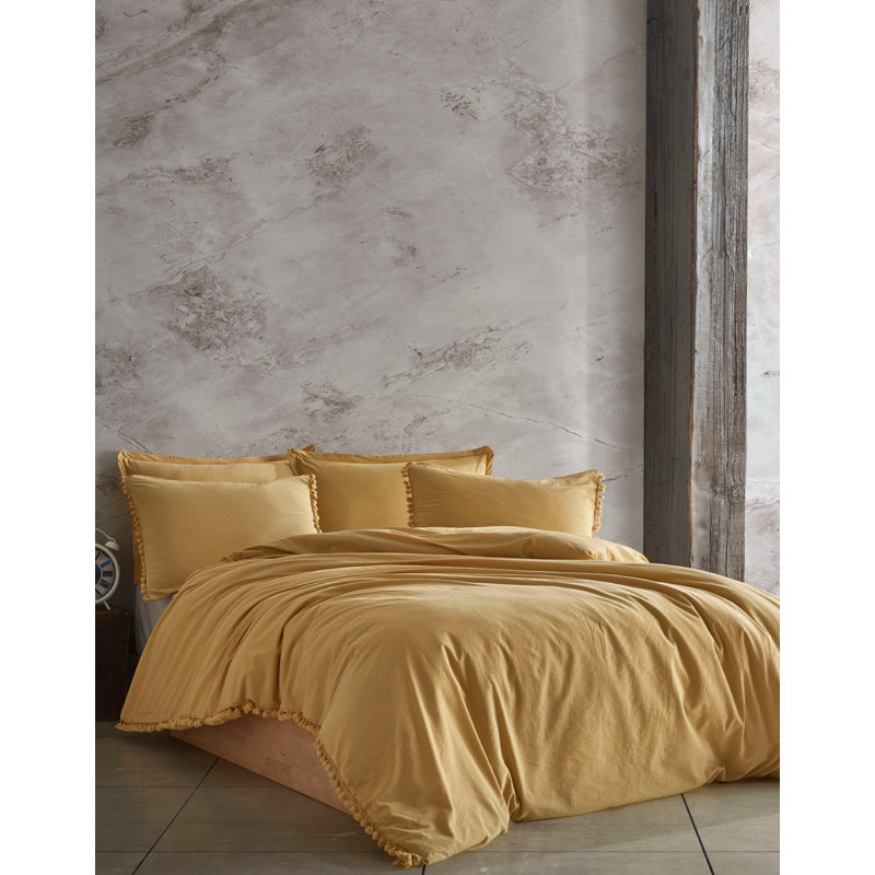 Ensemble de housse de courtepointe 100% coton Nil Washed Coffe, Housse de couette pour grand lit + 4 pièces suppl, Jaune