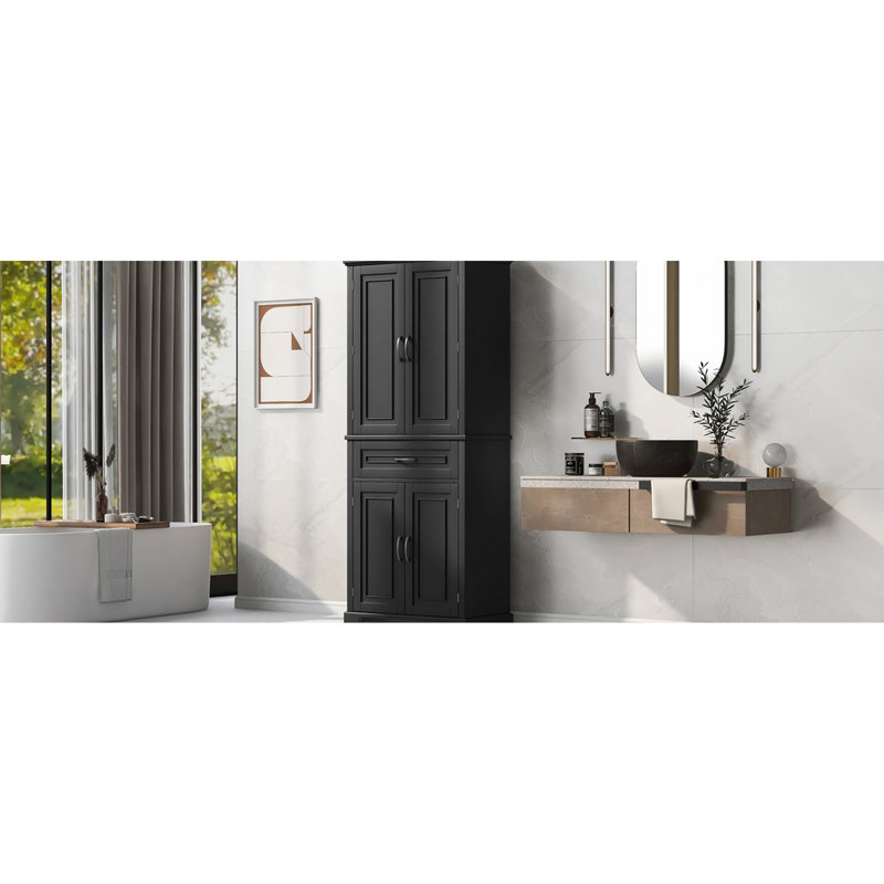 Black Storage For Bathroom Decoration - Construction, Adjustable Shelf Tall Cabinet With Door And Drawer, Black
