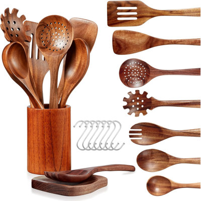 10-Piece Teak Wooden Kitchen Utensil Set With Spoon Rest & Hooks - Natural Wooden Spoons, Spatulas, And Ladles For Cooking, Durable And Heat-Resistant