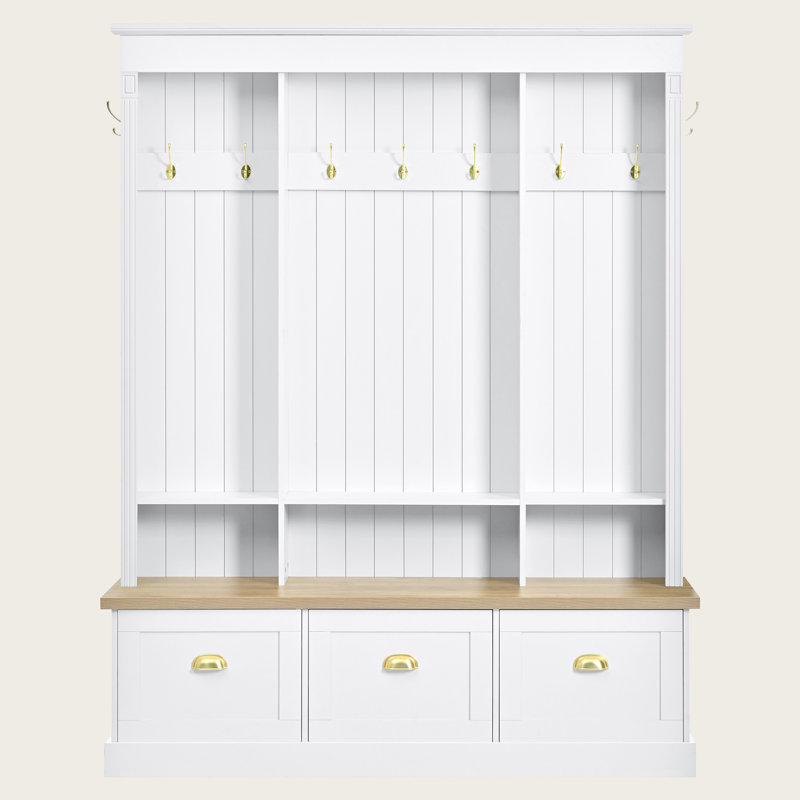 Hall Tree with Storage Bench and App-Controlled LED Light, Entryway Organizer with 9 Hooks, Shoe Cabinets and Shelves, Roman Column Farmhouse Hall Tree