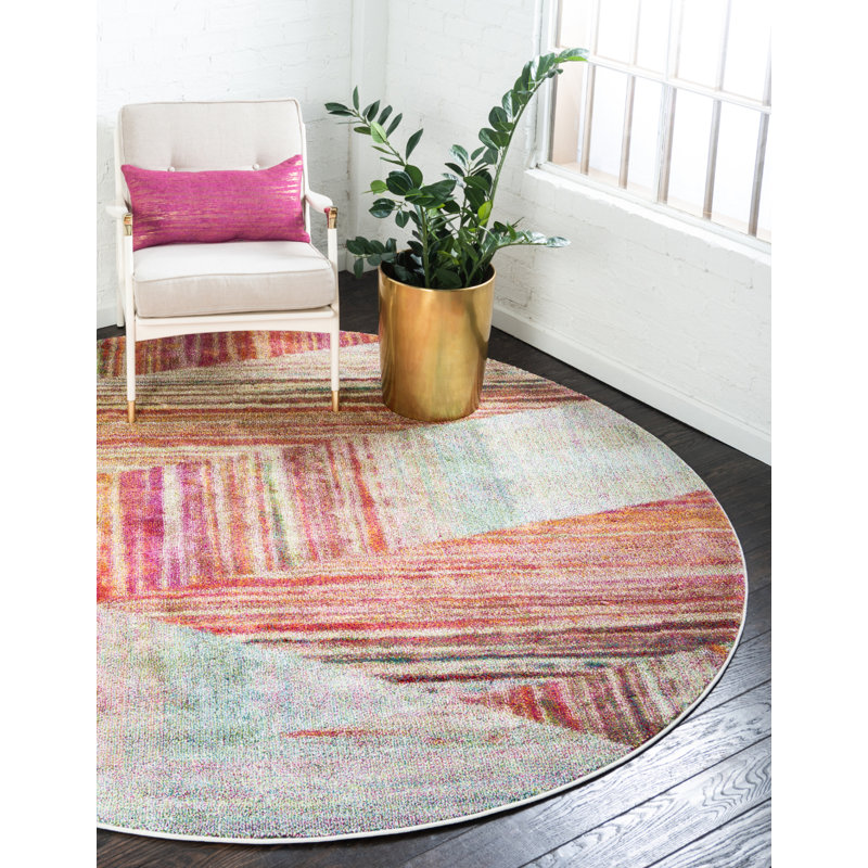 Tapis rose à motif abstrait Haelf, Rond 8 pi