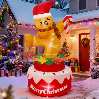 5 FT Christmas Inflatable Outdoor Decoration, Rotating Christmas Inflatables Gingerbread With Candy Cane, Christmas Blow Up Yard Decorations With LED Lights For Outdoor Christmas Decorations