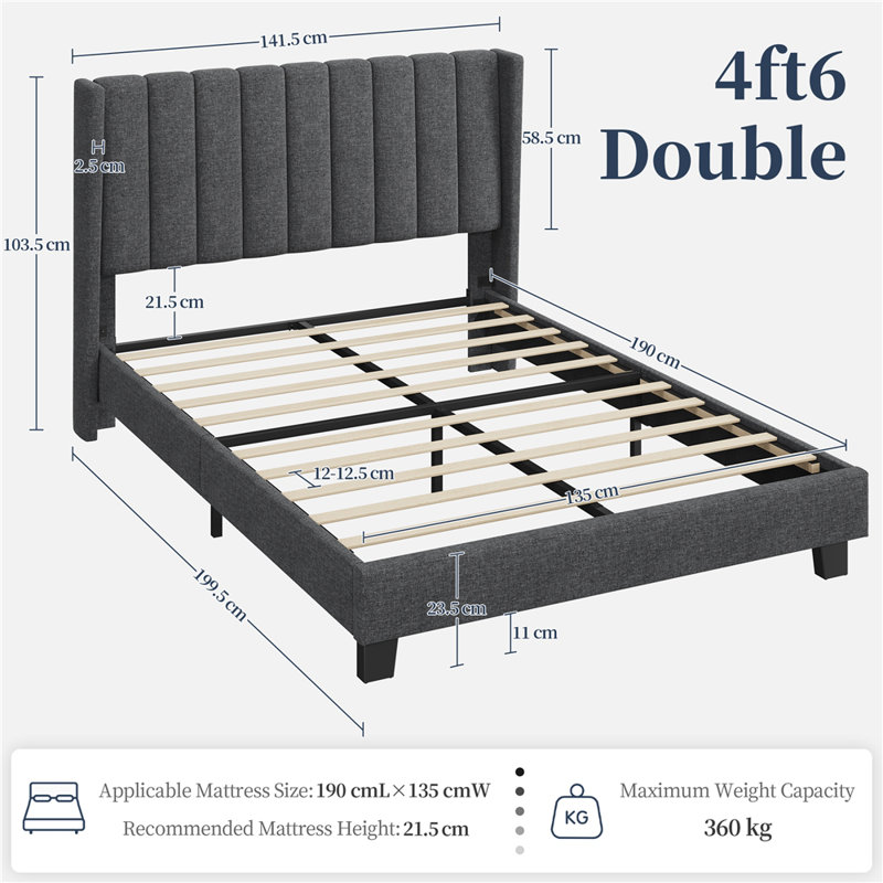 Upholstered Bed Frame with Channel Tufted Headboard, Dark Grey, Double (4'6)