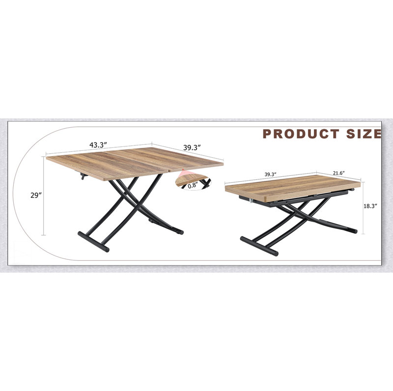 Table élévatrice multifonctionnelle moderne avec plateau en panneau de fibres à densité moyenne de 0,8 po d'épaisseur et pieds en métal noir, polyvalente et polyvalente