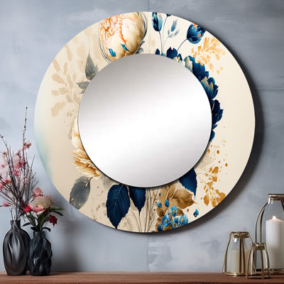 «Pasqualine Blue and Gold Floral Bunch II», miroir mural floral, miroir décoratif rond bleu, impression d'art en métal