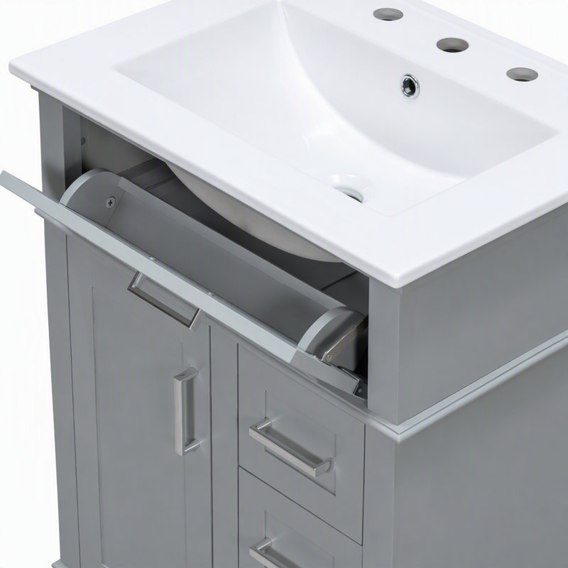 Meuble-lavabo autoportant de 61 cm (24 pouces) avec lavabo en céramique, 1 porte, tiroir rabattable et 3 tiroirs