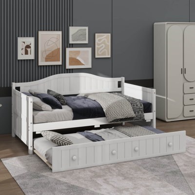 Twin-Sized Daybed With Pull-Out Trundle, Wooden Sofa Bed Frame Featuring Wood Slat Support