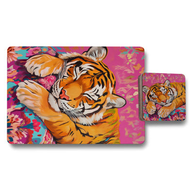 Tiger Portrait Placemats And Coasters Set, Designer Print Collection, Wood Base, Exclusive Art Edition