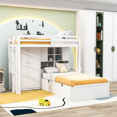 Lit superposé simple en bois à six tiroirs avec échelle intégrée, garde-robe et tablettes