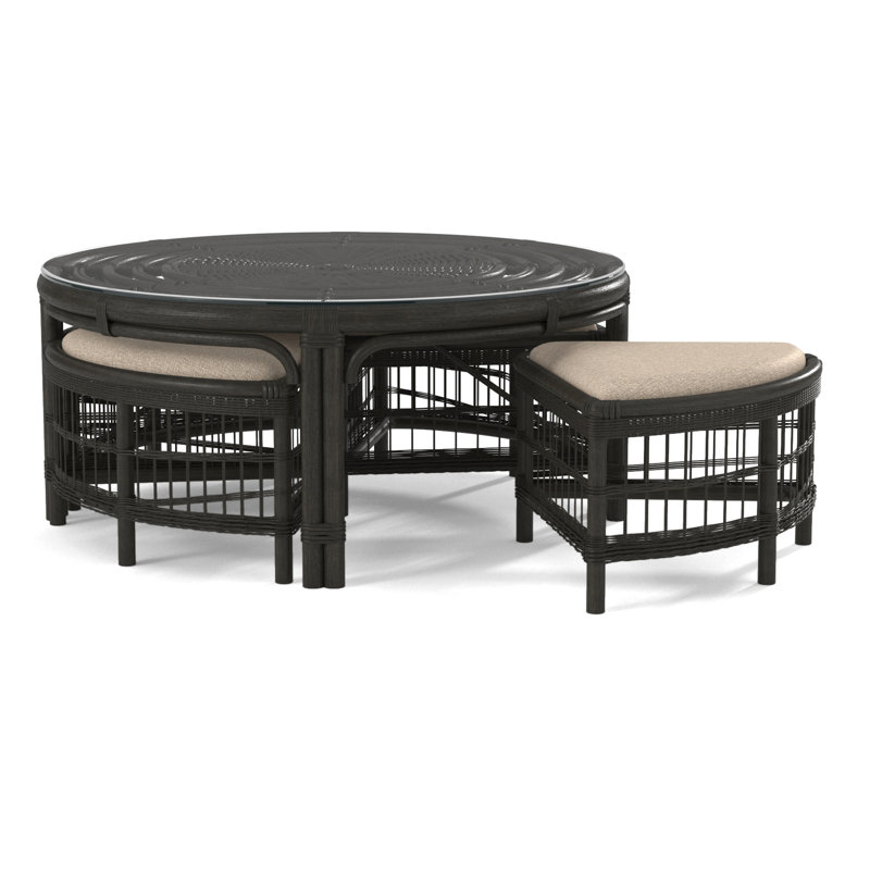 Raffles Rattan Cocktail Table with Benches, Antique Frost White, Eggshell Crypton Performance; 0884-93