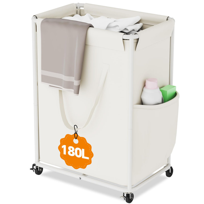 Grand panier à linge de 180 L avec roulettes, panier à linge roulant, chariot à linge sale (blanc)