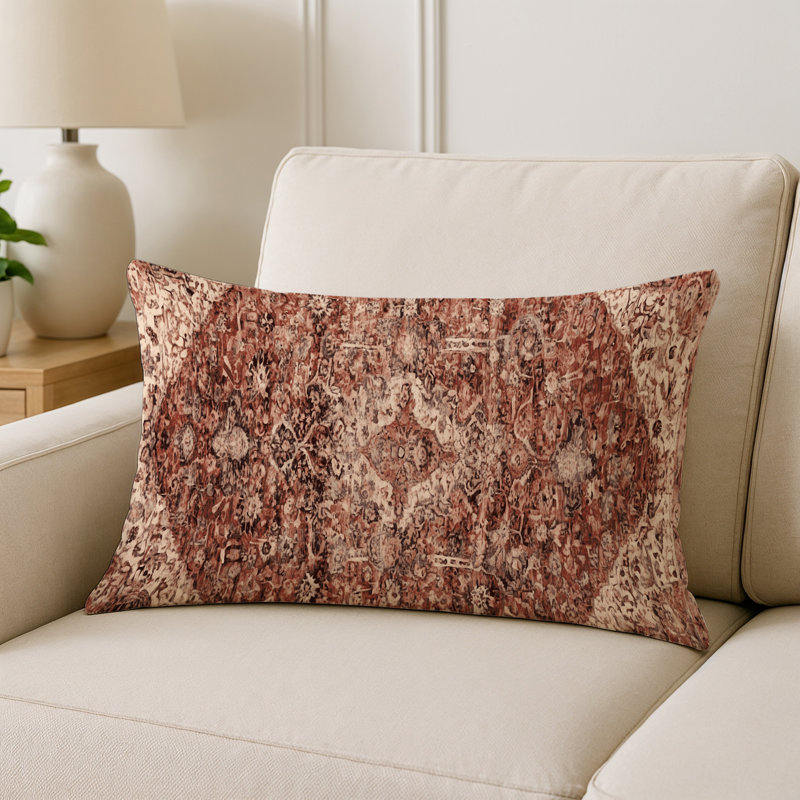 Coussin décoratif intérieur et extérieur Modern, Rouille / beige / damas gris, Rectangle H 20 po x l 14 po