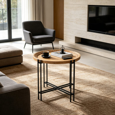Table d'appoint ronde de 21,3 po x 24 po, table de bout à plateau en bois, table d'appoint moderne pour le salon de la chambre à coucher, fabrication en bois de sapin et en fer, design unique accrocheur, style contemporain épuré