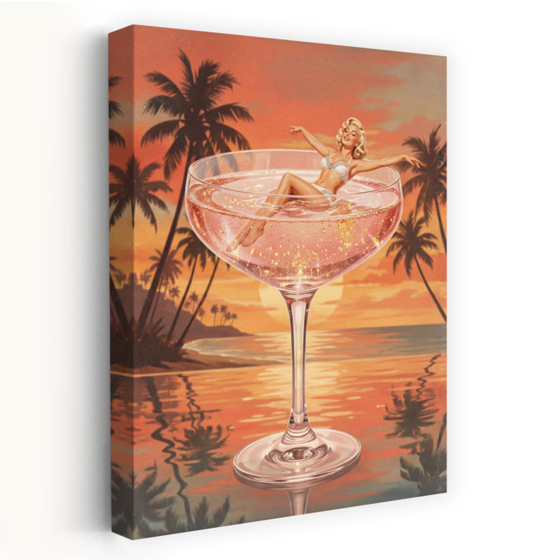 Champagne, coucher de soleil, trempette, rétro, abstrait, palmier, plage, océan, art mural, H 18 po x l 12 po