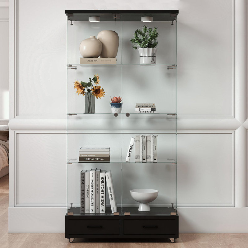 Vitrine avec tablette en verre, 2 tiroirs et lumière DEL, Noir, noir, noir, noir
