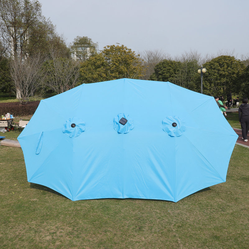Parasol d'extérieur rectangulaire à double face avec lumière et base pour un ombre ultime, Bleu