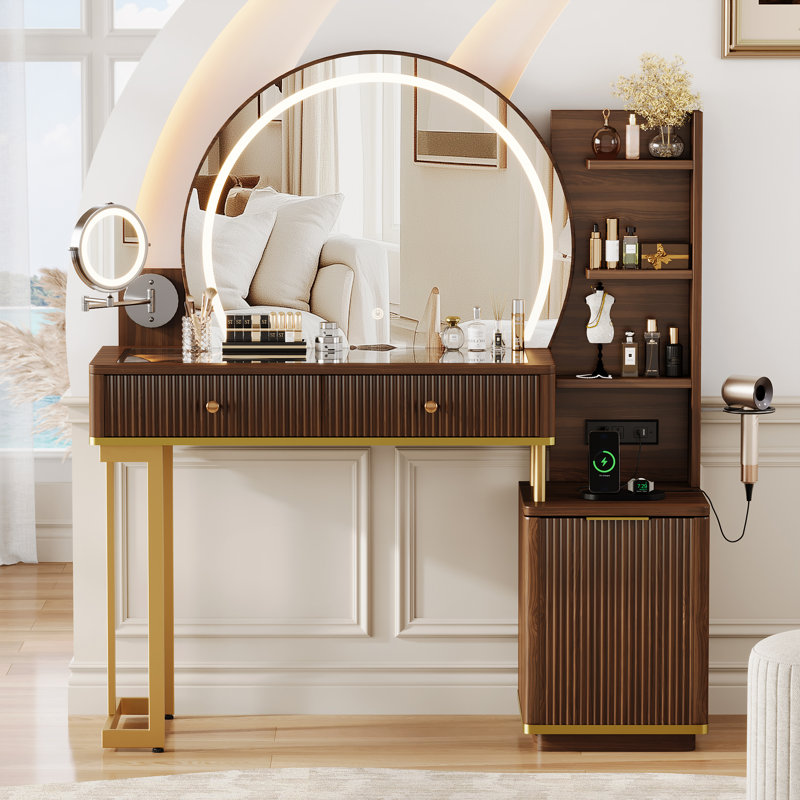 Coiffeuse avec miroir lumineux, miroir grossissant x5, plateau en verre et station de recharge, brun