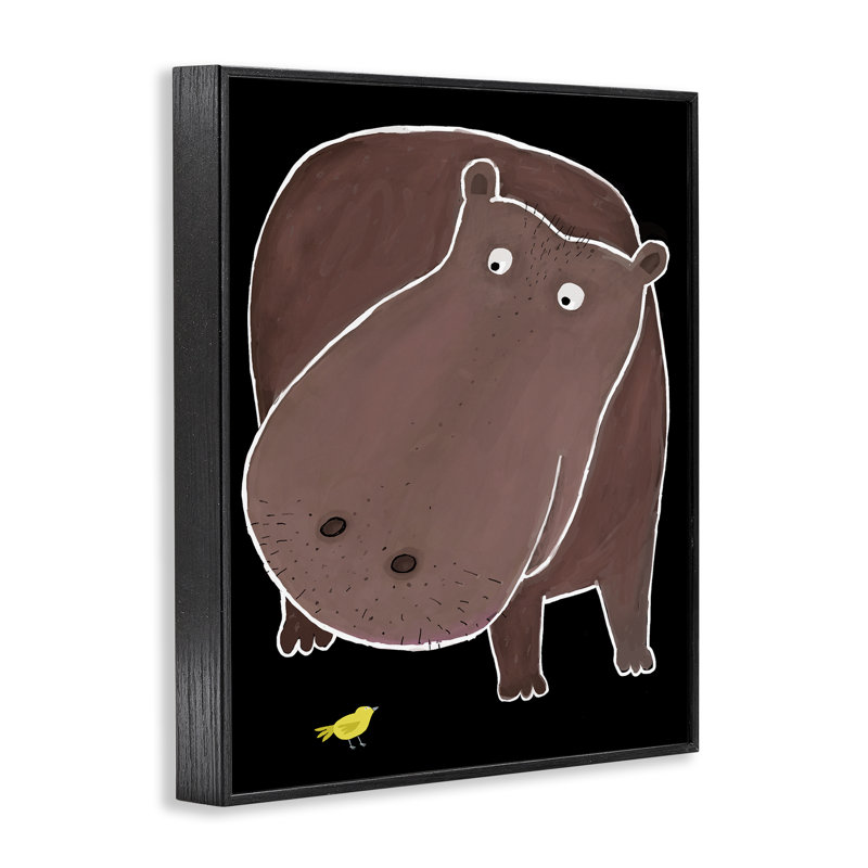 Hippopotame et oiseau sur estampe numérique noire, design par Carla Daly