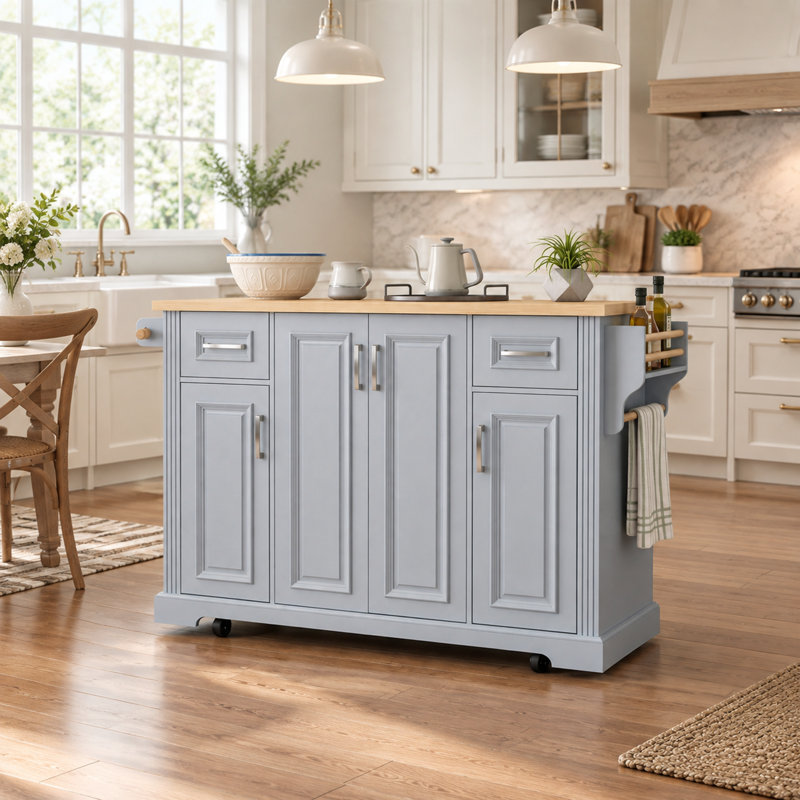 Îlot de cuisine de grande taille (54,1 pouces) avec abattant et tablettes ajustables, Blue Gray