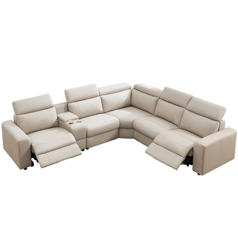 Oversized Power Reclining Leather Sectional Sofa With Console And Dual Recliners For Living Room Beige, Beige Faux Leather