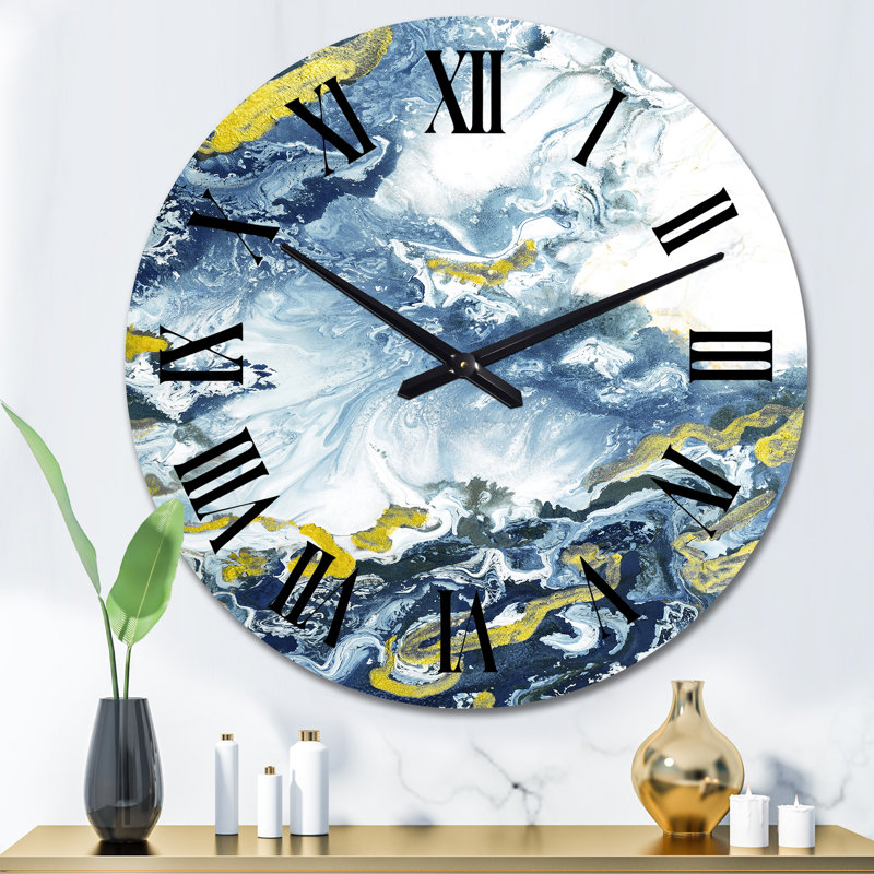 Bleu, jaune, or, art liquide abstrait I - horloge murale moderne, Surdimensionné