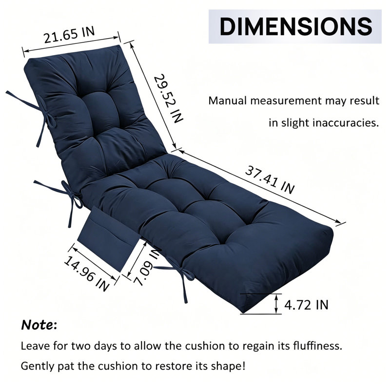Outdoor Chaise Lounge Cushion, with Side Pocket, Tufted Patio Furniture Replacement Cushion, Navy Blue, 1