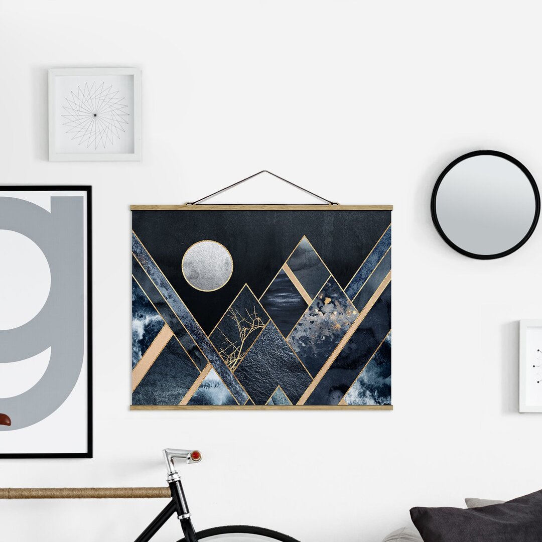 Grafikdruck Golden Moon Abstract Black Mountains von Elisabeth Fredriksson