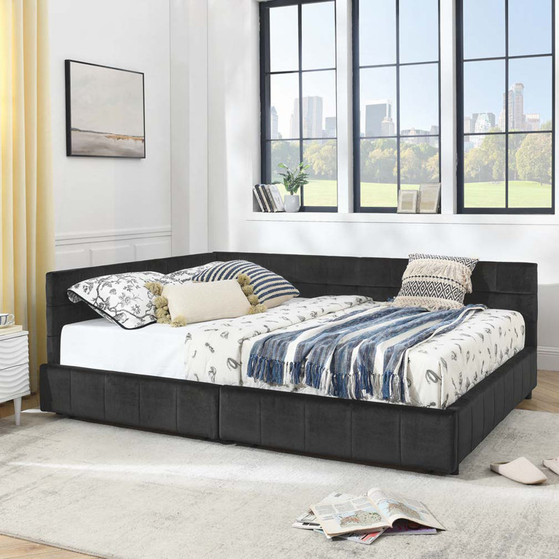 Lit de jour en velours avec rangement, Noir, Grand lit
