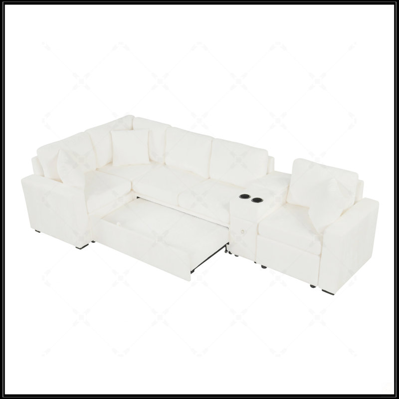 Canapé-lit convertible en L avec lit escamotable, porte-gobelets et grand espace de rangement pour le salon, Blanc