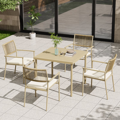 5-Piece Outdoor Patio Dining Set, HDPE Rope Back Dining Chairs with Thick Cushions & Iron Frame Table, All-Weather 4-Person Patio Furniture Set for Garden, Backyard, Poolside（apricot）